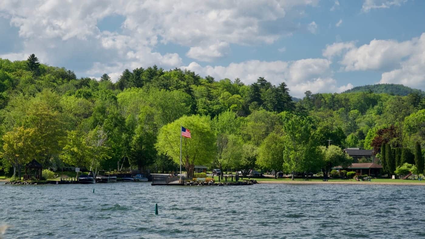 Hague Town Beach on the northern end of Lake George with Adirondack mountains